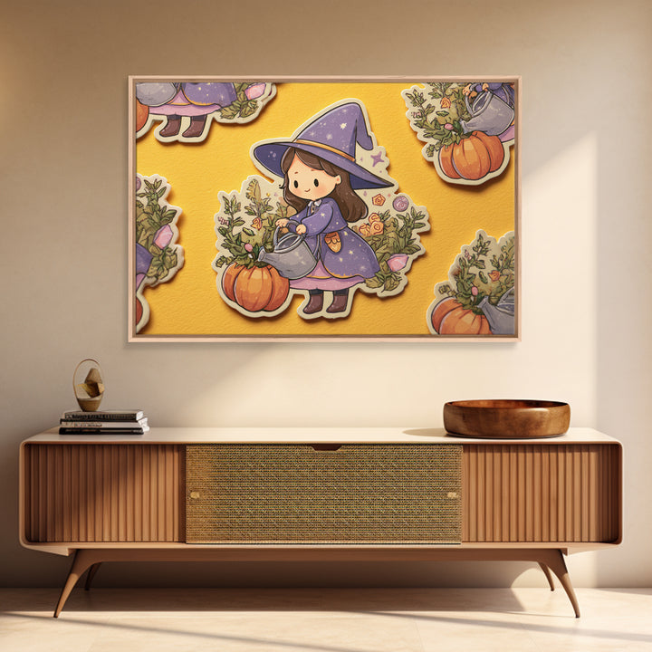 The Moon Garden Witch, Kawaii Halloween Art, Landscape Wall Art, Framed Canvas Print, Cute Halloween Wall Art