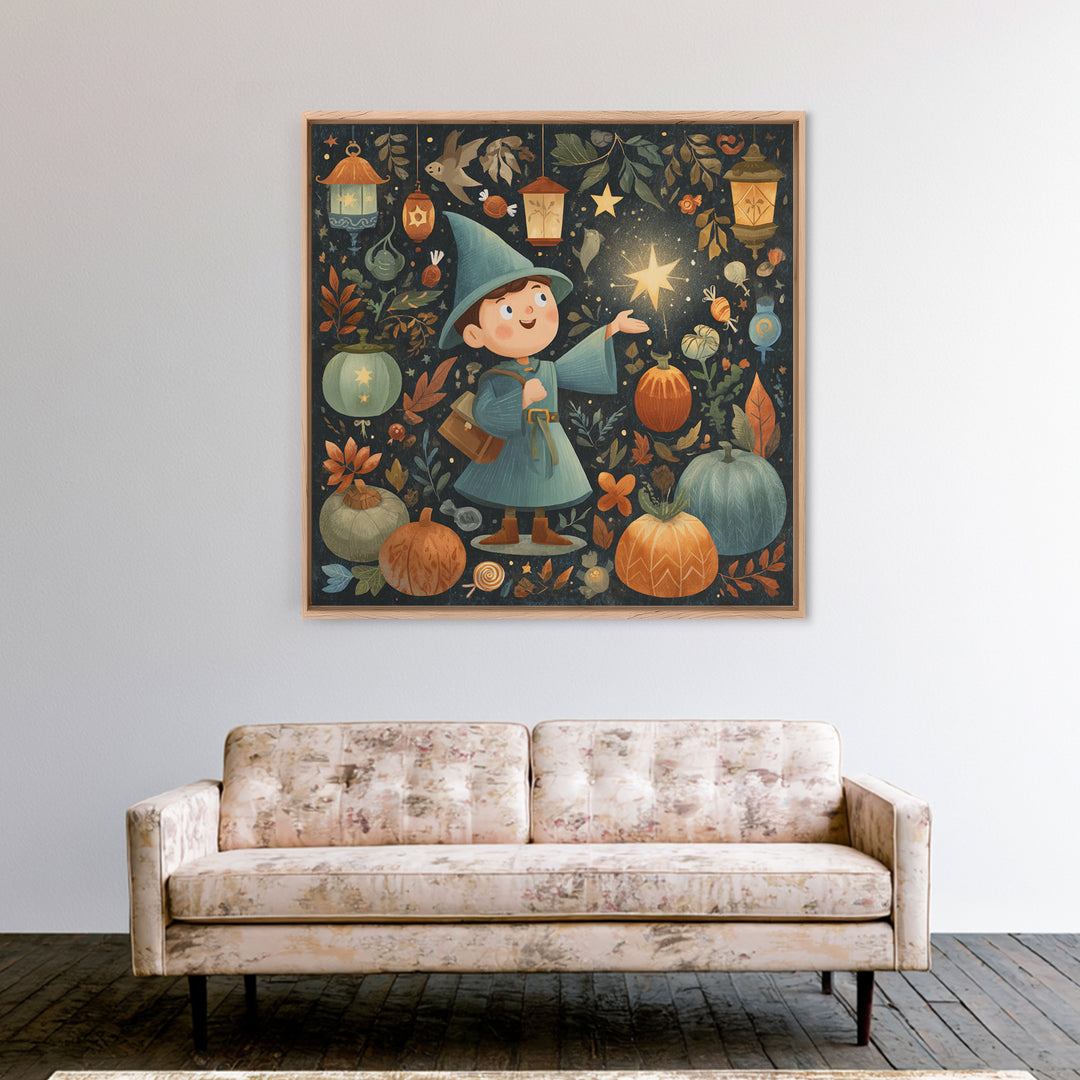 The Lantern-Light Wizard, Retro Halloween Art, Square Wall Art, Canvas Print, Cute Halloween Wall Art