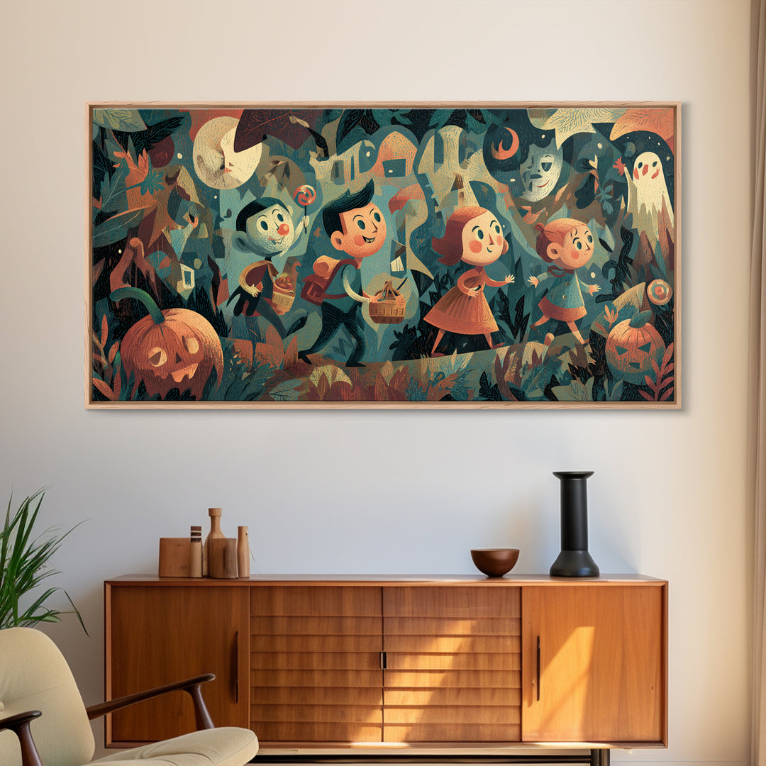 The Candy Map Adventurers, Screenprint Halloween Art, Wide Panoramic Art, Framed Canvas Print, Cute Halloween Wall Art