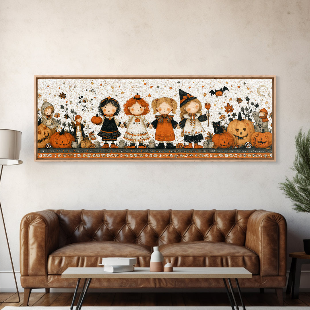 The Halloween Friendship Spell, Folk Halloween Art, Extra Wide Wall Art, Canvas Print, Cute Halloween Wall Art