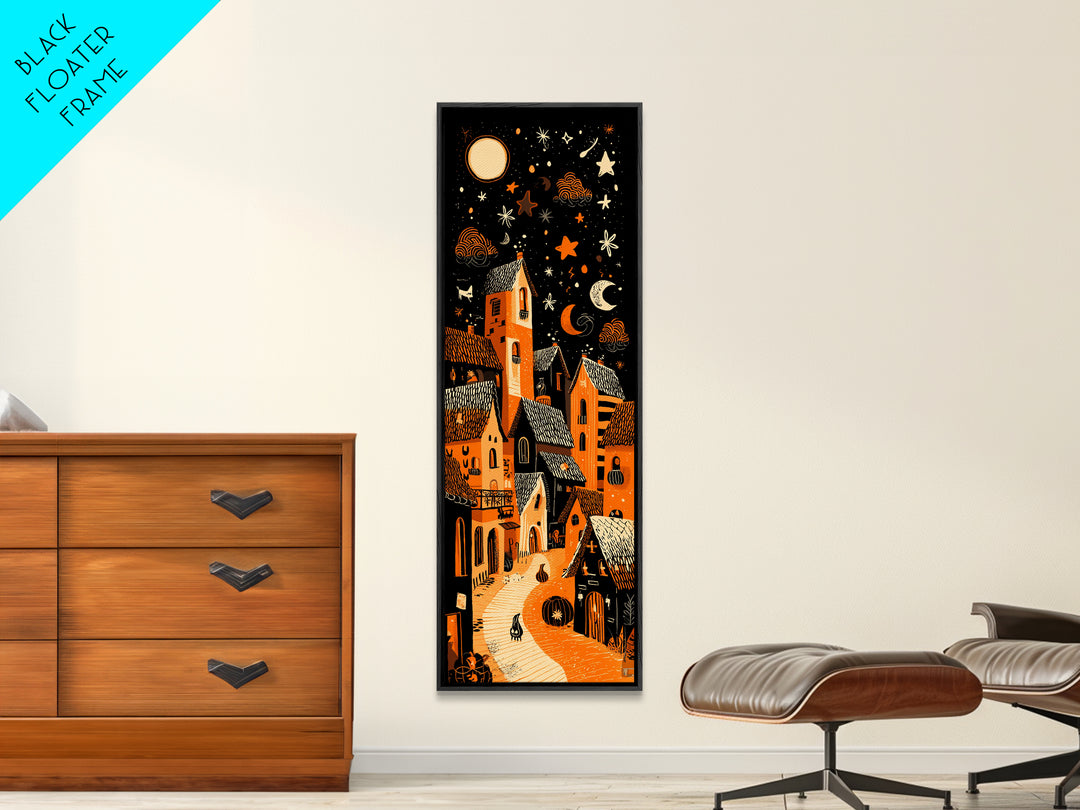 Candy Corn Village, Linocut Halloween Art, Tall Narrow Wall Art, Framed Canvas Print, Cute Halloween Wall Art