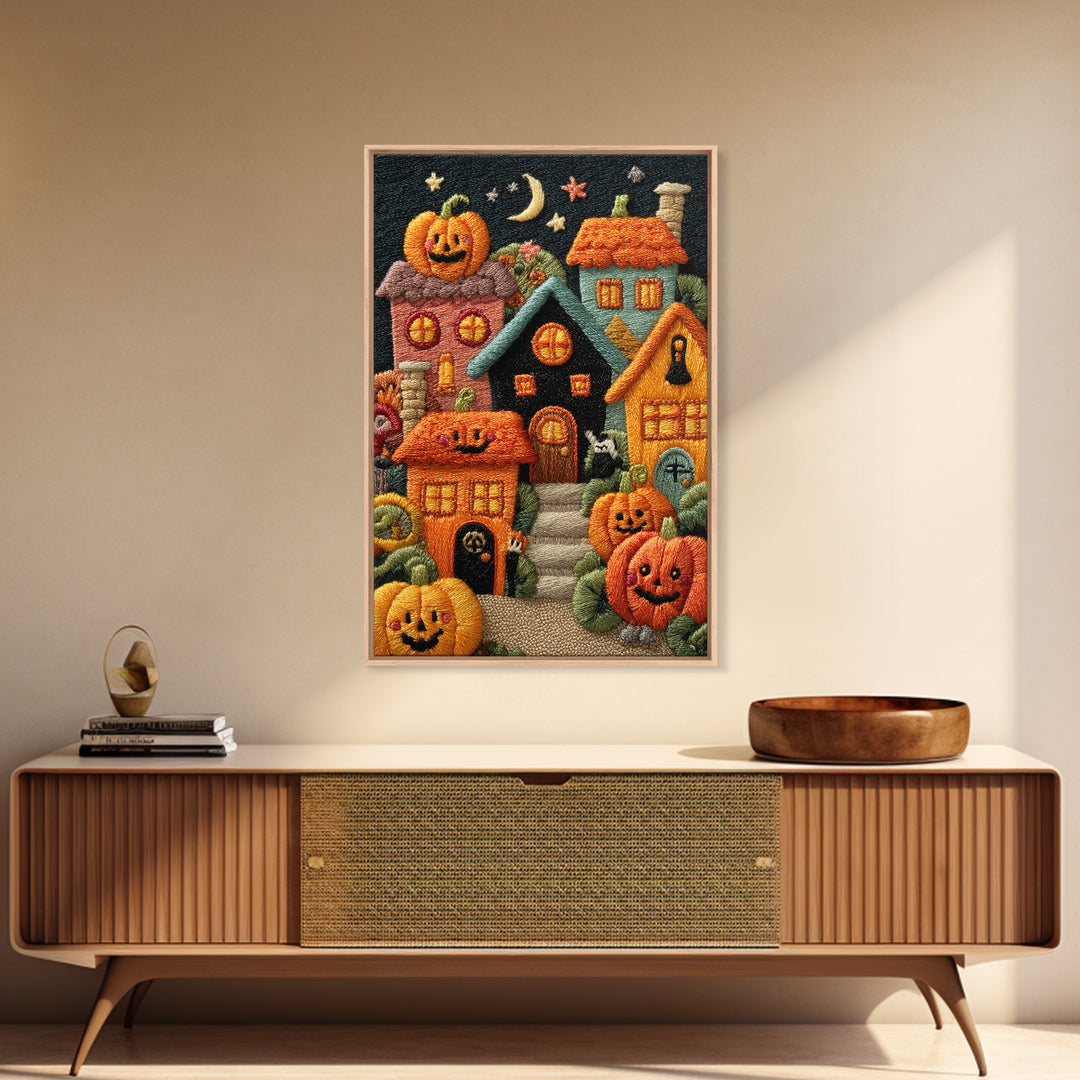 Pumpkin Cottage Lane, Embroidered Halloween Art, Vertical Wall Art, Canvas Print, Cute Halloween Wall Art