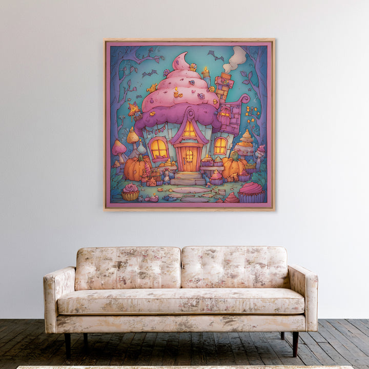 The Witch'S Cupcake Cottage, Stained Glass Halloween, Square Wall Art, Canvas Print, Cute Halloween Wall Art