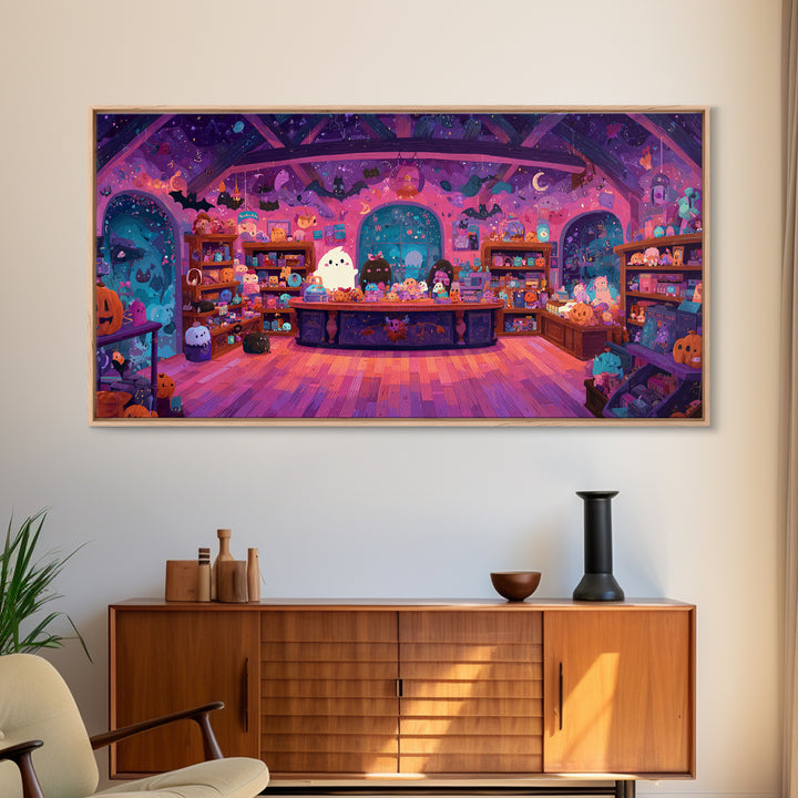 The Moonlight Toy Shop, Vaporwave Halloween Art, Wide Panoramic Art, Framed Canvas Print, Cute Halloween Wall Art