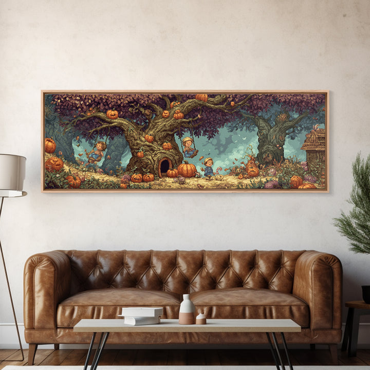 The Pumpkin Patch Playground, Pixel Halloween Art, Extra Wide Wall Art, Canvas Print, Cute Halloween Wall Art