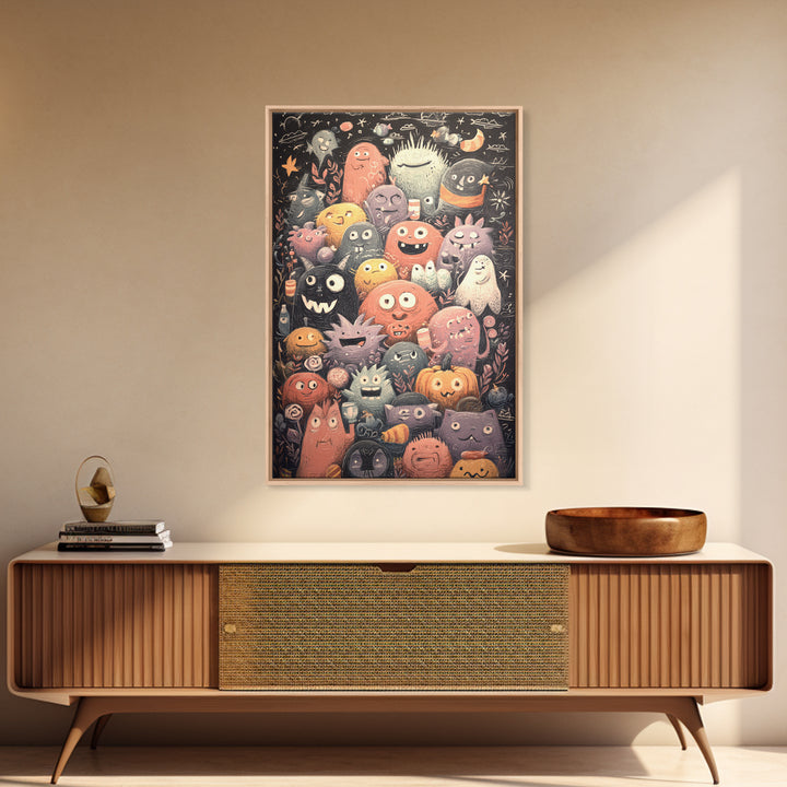 The Little Monster School, Hand Sketch Halloween Art, Vertical Wall Art, Canvas Print, Cute Halloween Wall Art