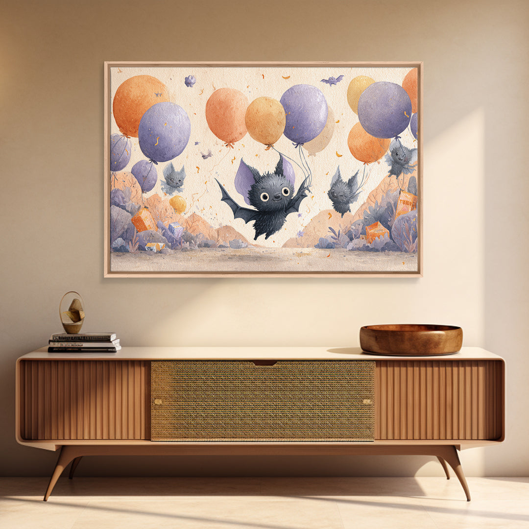 The Bat Balloon Factory, Watercolor Halloween Art, Landscape Wall Art, Framed Canvas Print, Cute Halloween Wall Art