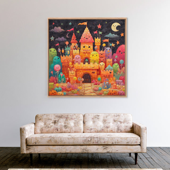 The Candy Castle, Gouache Halloween Art, Square Wall Art, Canvas Print, Cute Halloween Wall Art, Halloween Kids Decor