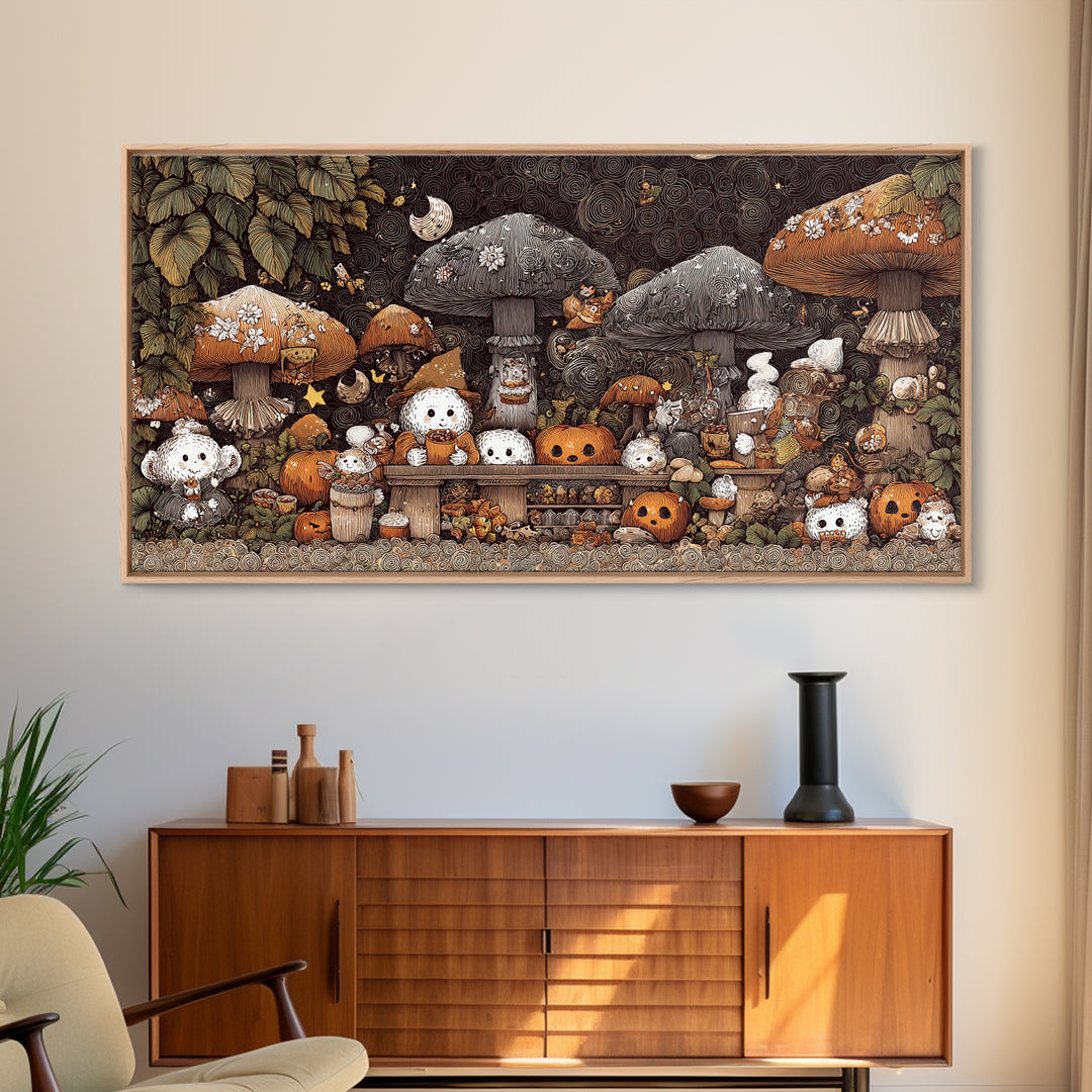 The Friendly Forest Cafe, Crayon Halloween Art, Wide Panoramic Art, Framed Canvas Print, Cute Halloween Wall Art