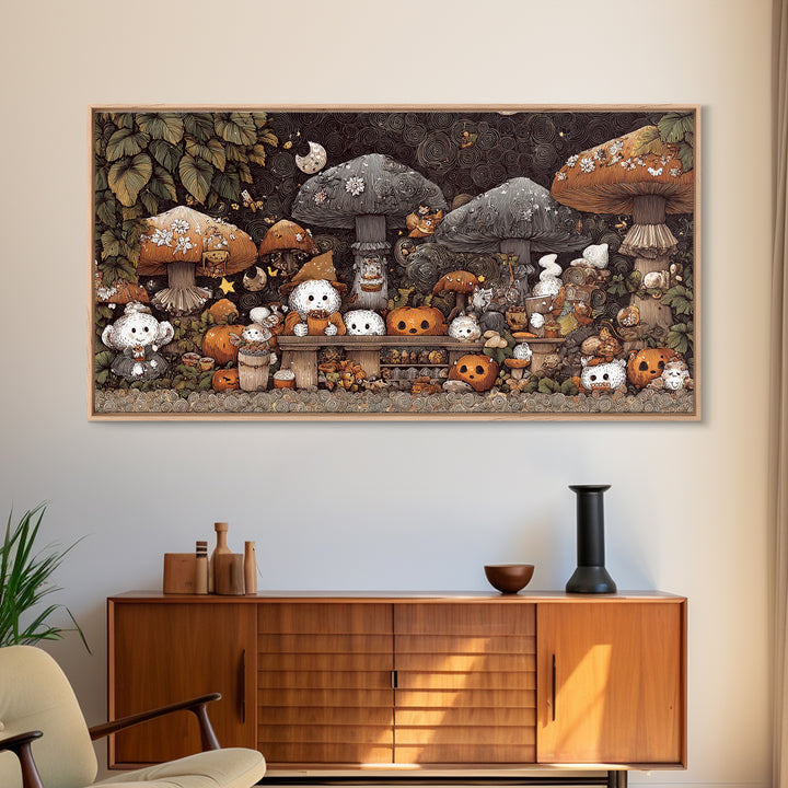 The Friendly Forest Cafe, Crayon Halloween Art, Wide Panoramic Art, Framed Canvas Print, Cute Halloween Wall Art
