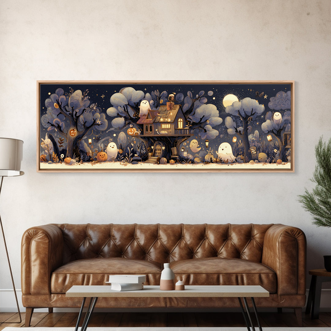 The Ghostly Treehouse, Pastel Halloween Art, Extra Wide Wall Art, Canvas Print, Cute Halloween Wall Art