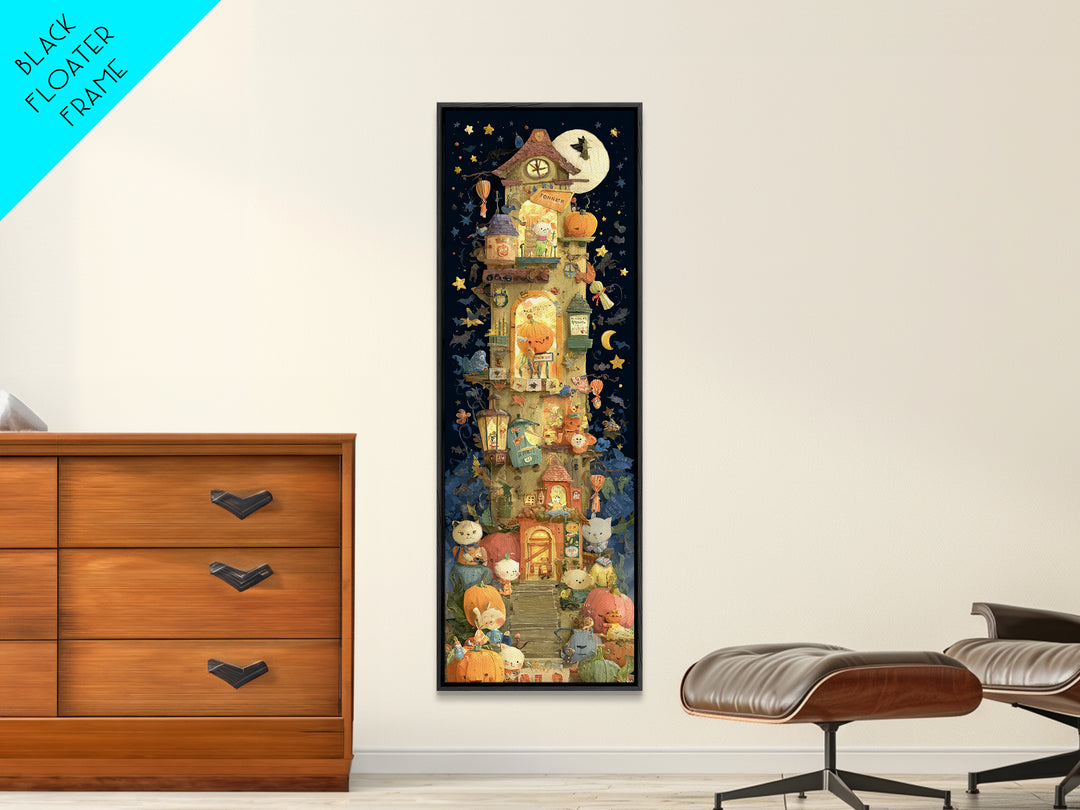 The Pumpkin Train Station, Paper Collage Halloween, Tall Narrow Wall Art, Framed Canvas Print, Cute Halloween Wall Art