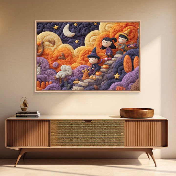 The Halloween Cloud Kingdom, Clay Halloween Art, Landscape Wall Art, Framed Canvas Print, Cute Halloween Wall Art