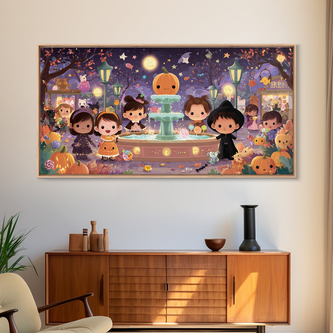 The Trick-Or-Treat Village Square, Kawaii Halloween Art, Wide Panoramic Art, Framed Canvas Print, Cute Halloween Wall Art