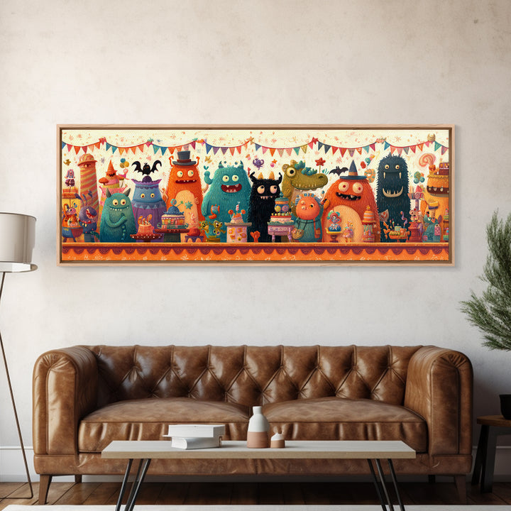 The Friendly Monster Market, Retro Halloween Art, Extra Wide Wall Art, Canvas Print, Cute Halloween Wall Art