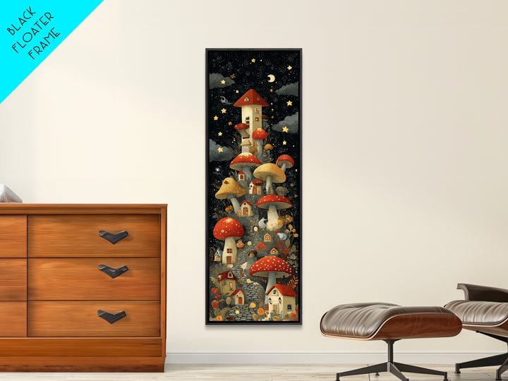 The Lantern-Lit Mushroom Village, Screenprint Halloween Art, Tall Narrow Wall Art, Framed Canvas Print, Cute Halloween Wall Art