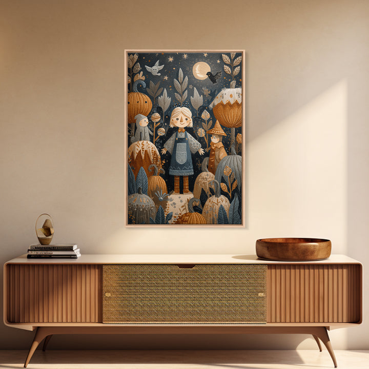 The Starry Pumpkin Farm, Folk Halloween Art, Vertical Wall Art, Canvas Print, Cute Halloween Wall Art