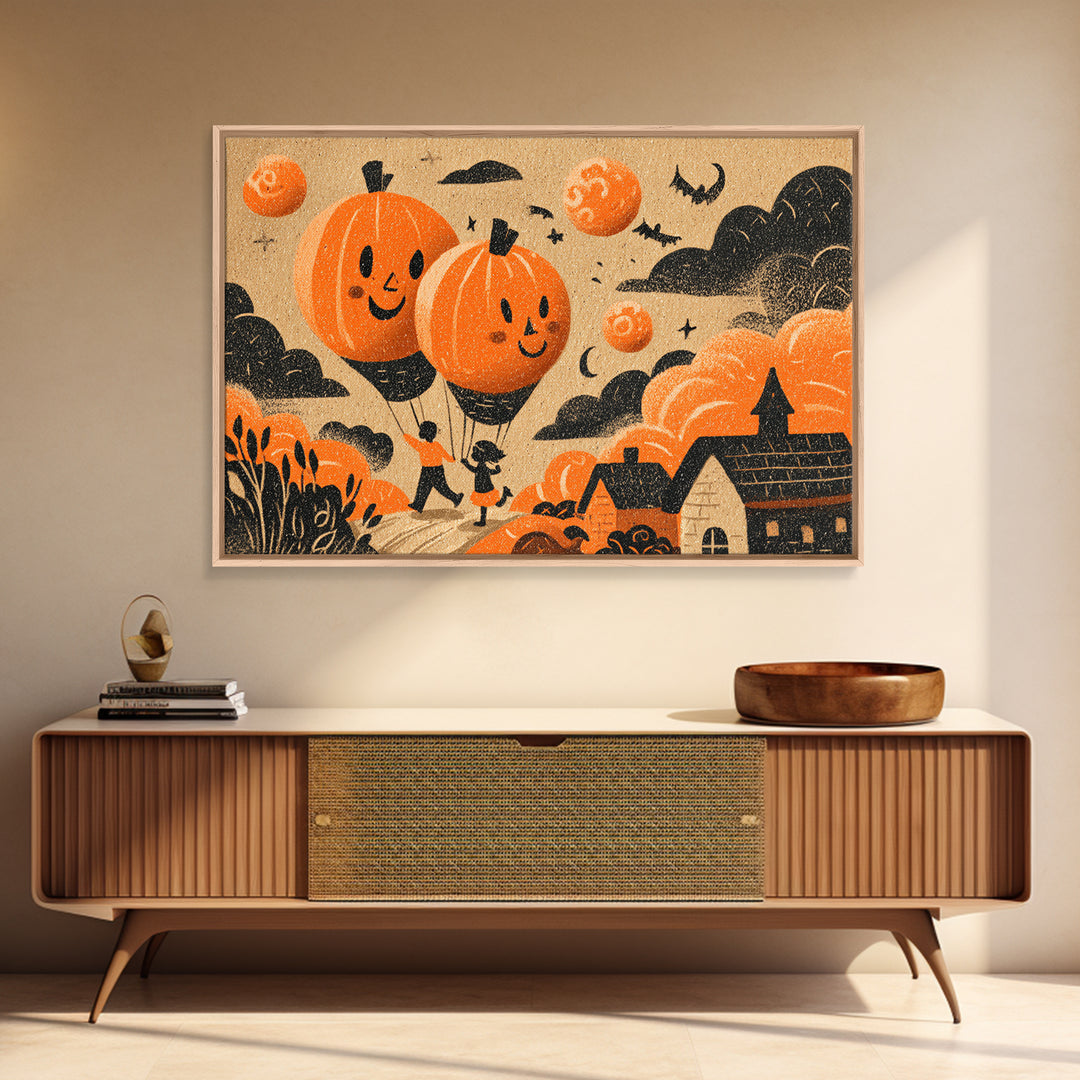 The Pumpkin Balloon Parade, Linocut Halloween Art, Landscape Wall Art, Framed Canvas Print, Cute Halloween Wall Art
