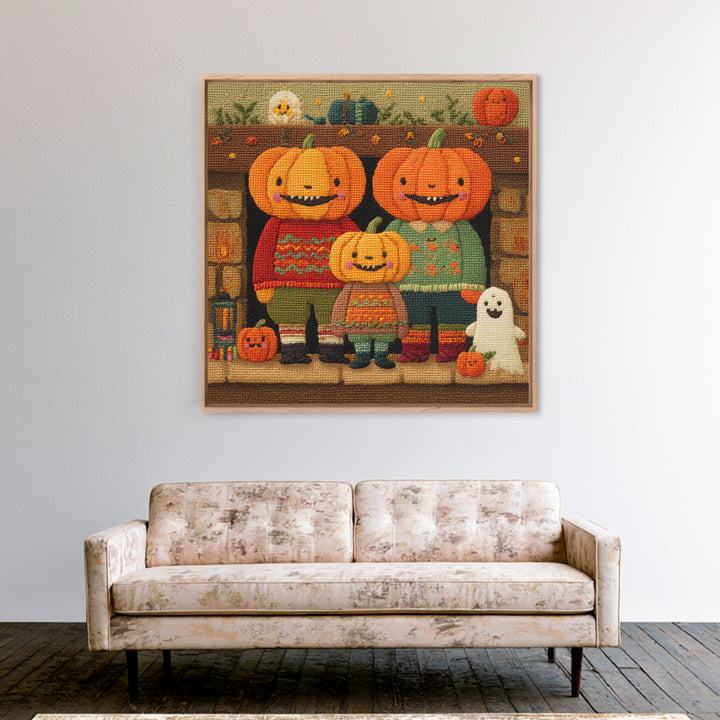 The Pumpkin Family Portrait, Embroidered Halloween Art, Square Wall Art, Canvas Print, Cute Halloween Wall Art
