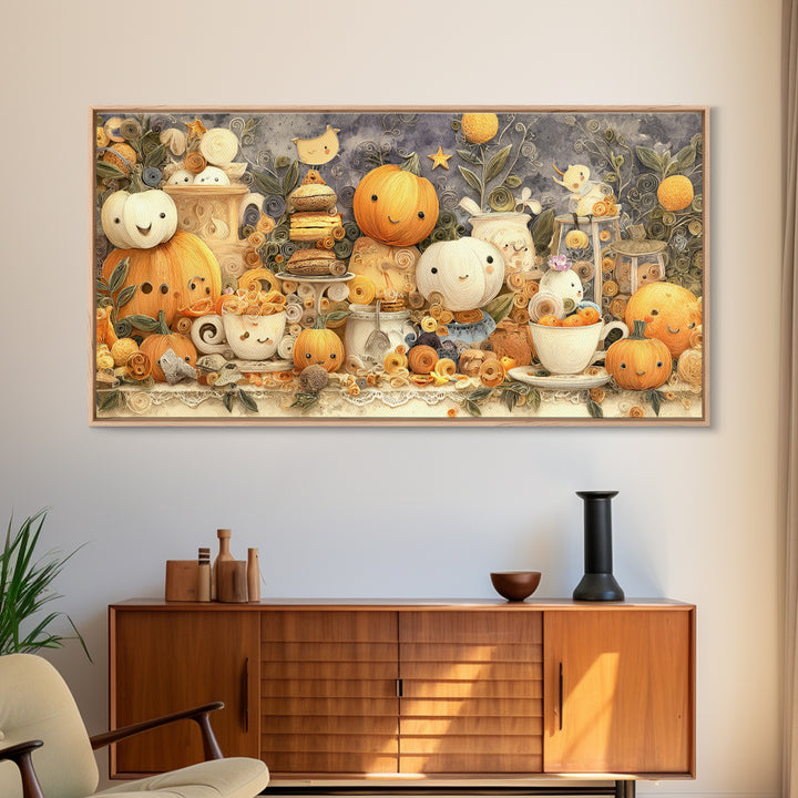 The Pumpkin Tea Party, Quilled Halloween Art, Wide Panoramic Art, Framed Canvas Print, Cute Halloween Wall Art