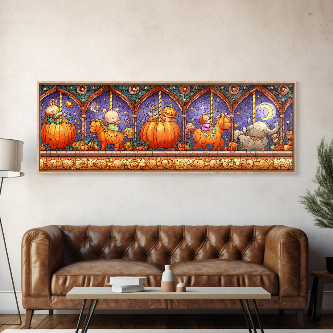 The Pumpkin Carousel, Stained Glass Halloween, Extra Wide Wall Art, Canvas Print, Cute Halloween Wall Art