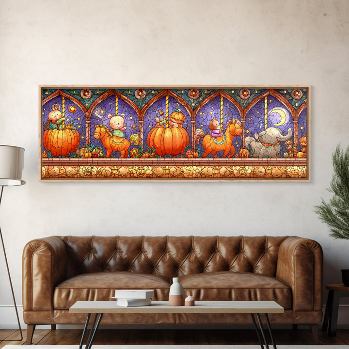 The Pumpkin Carousel, Stained Glass Halloween, Extra Wide Wall Art, Canvas Print, Cute Halloween Wall Art