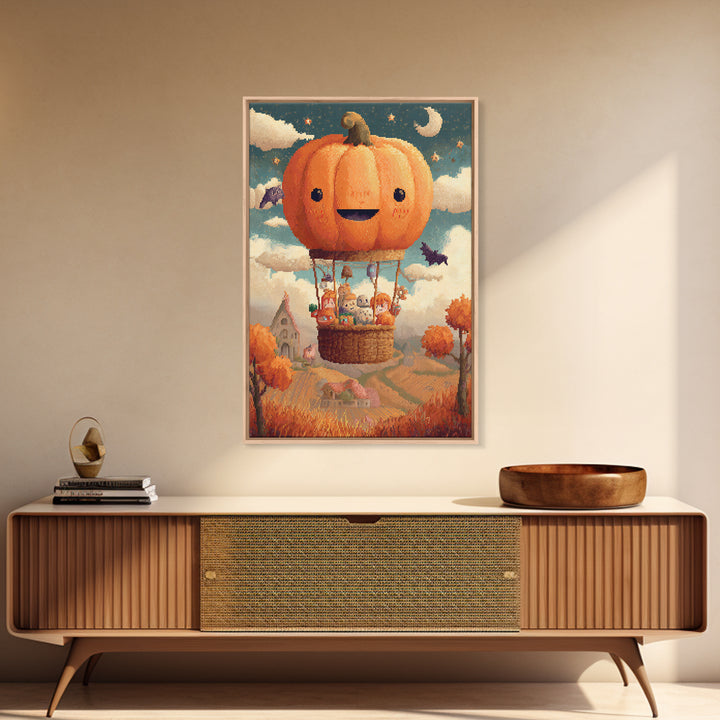 The Pumpkin Hot-Air Balloon, Pixel Halloween Art, Vertical Wall Art, Canvas Print, Cute Halloween Wall Art