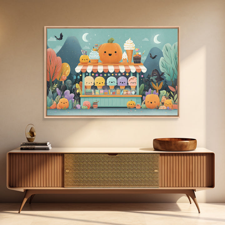The Pumpkin Ice-Cream Stand, Vector Halloween Art, Landscape Wall Art, Framed Canvas Print, Cute Halloween Wall Art