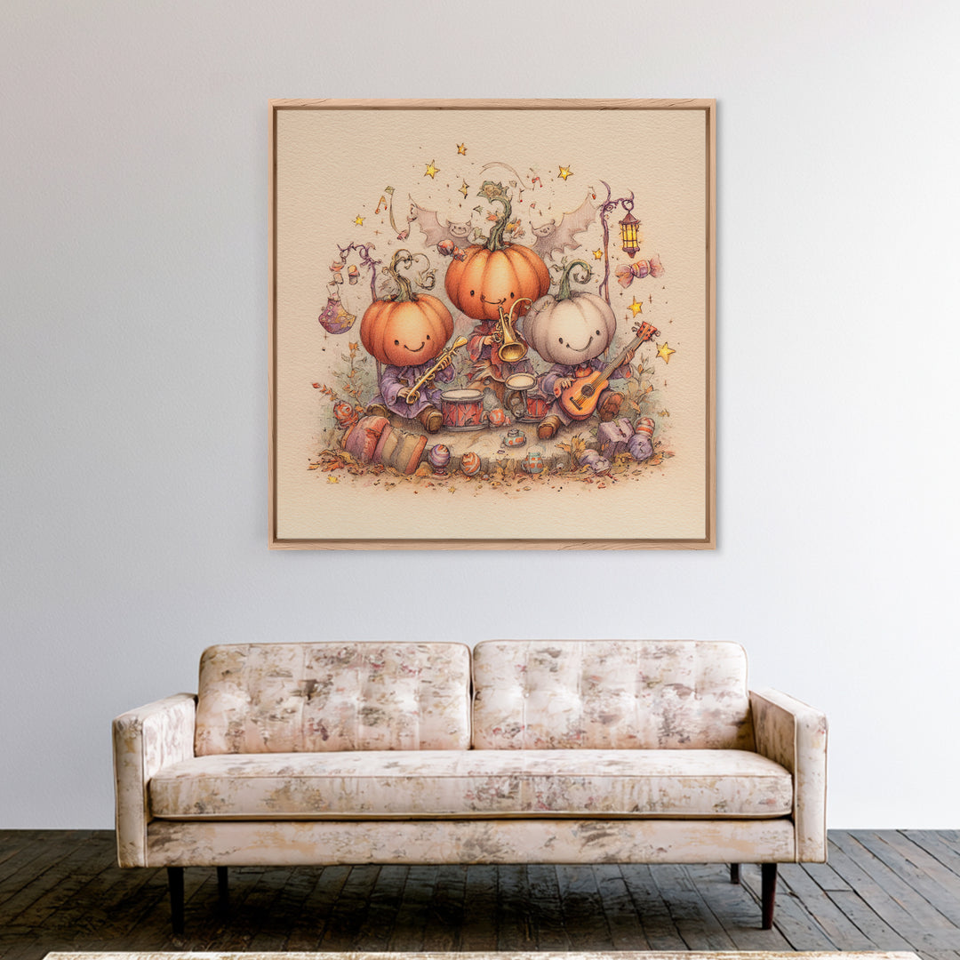 The Pumpkin Music Band, Hand Sketch Halloween Art, Square Wall Art, Canvas Print, Cute Halloween Wall Art