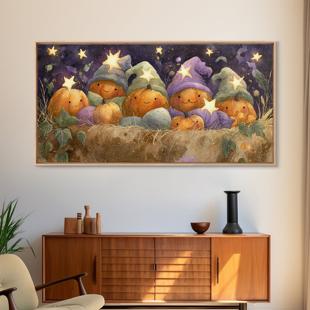 The Pumpkin Pajama Party, Watercolor Halloween Art, Wide Panoramic Art, Framed Canvas Print, Cute Halloween Wall Art
