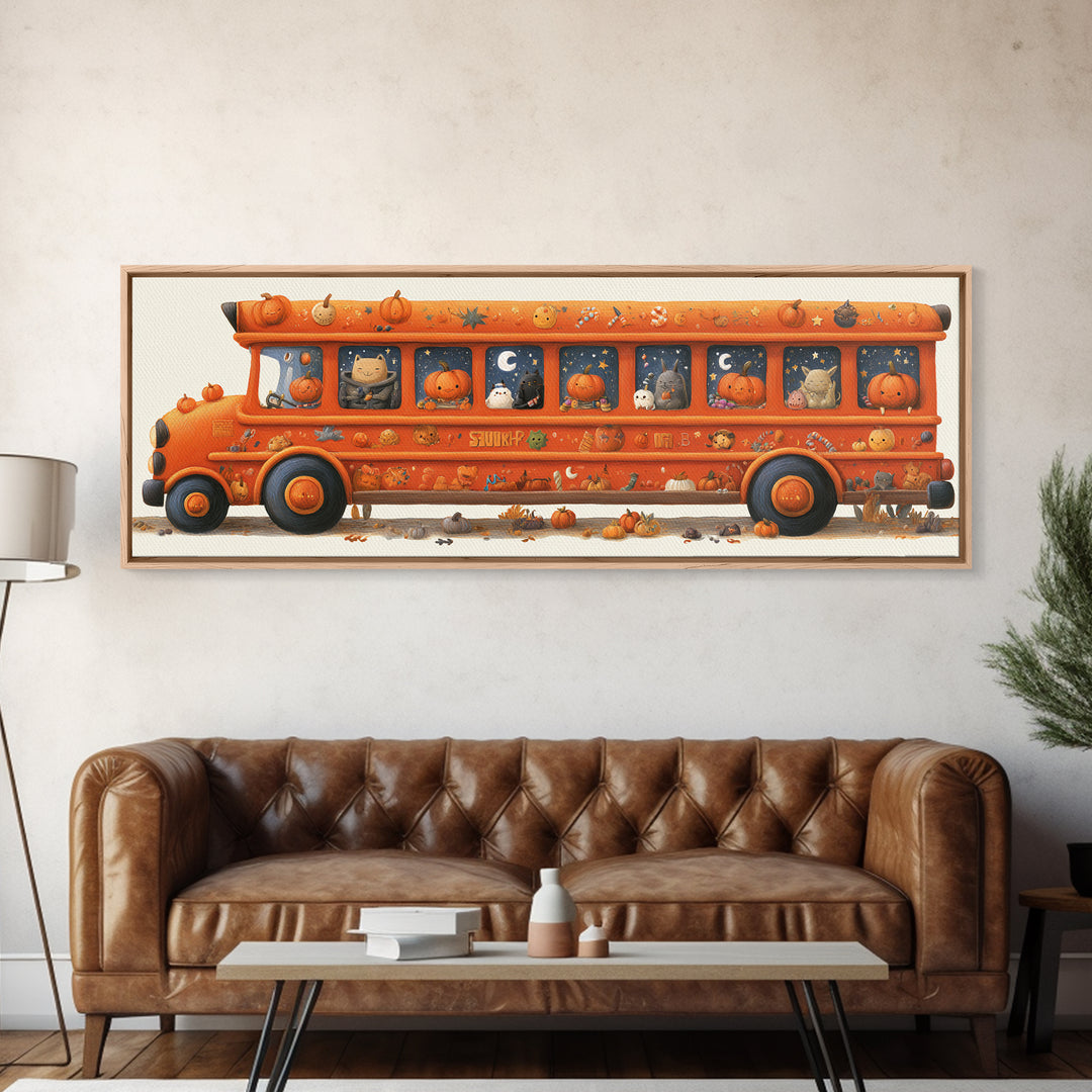 The Pumpkin School Bus, Gouache Halloween Art, Extra Wide Wall Art, Canvas Print, Cute Halloween Wall Art