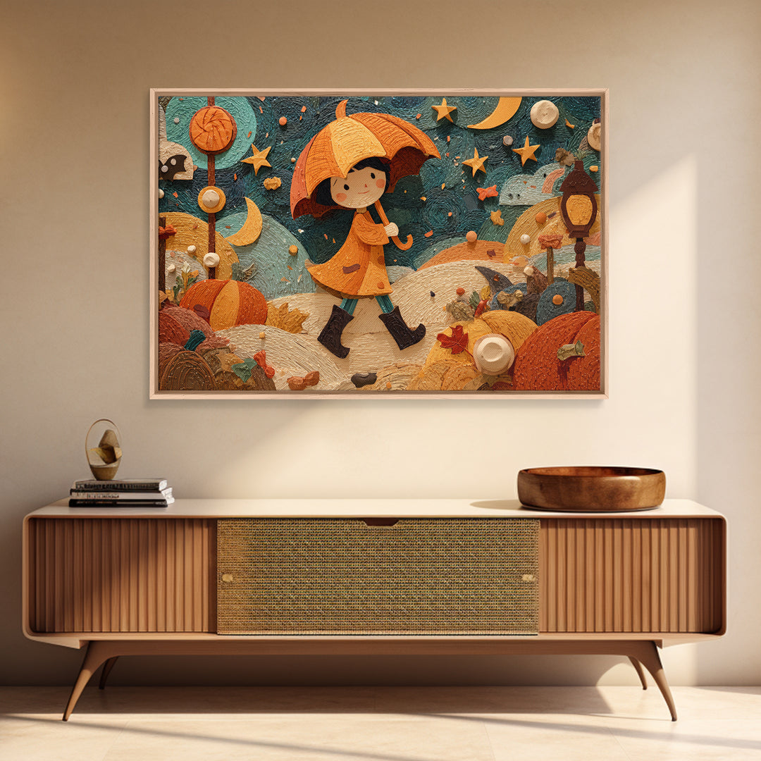 The Pumpkin Umbrella, Paper Collage Halloween, Landscape Wall Art, Framed Canvas Print, Cute Halloween Wall Art