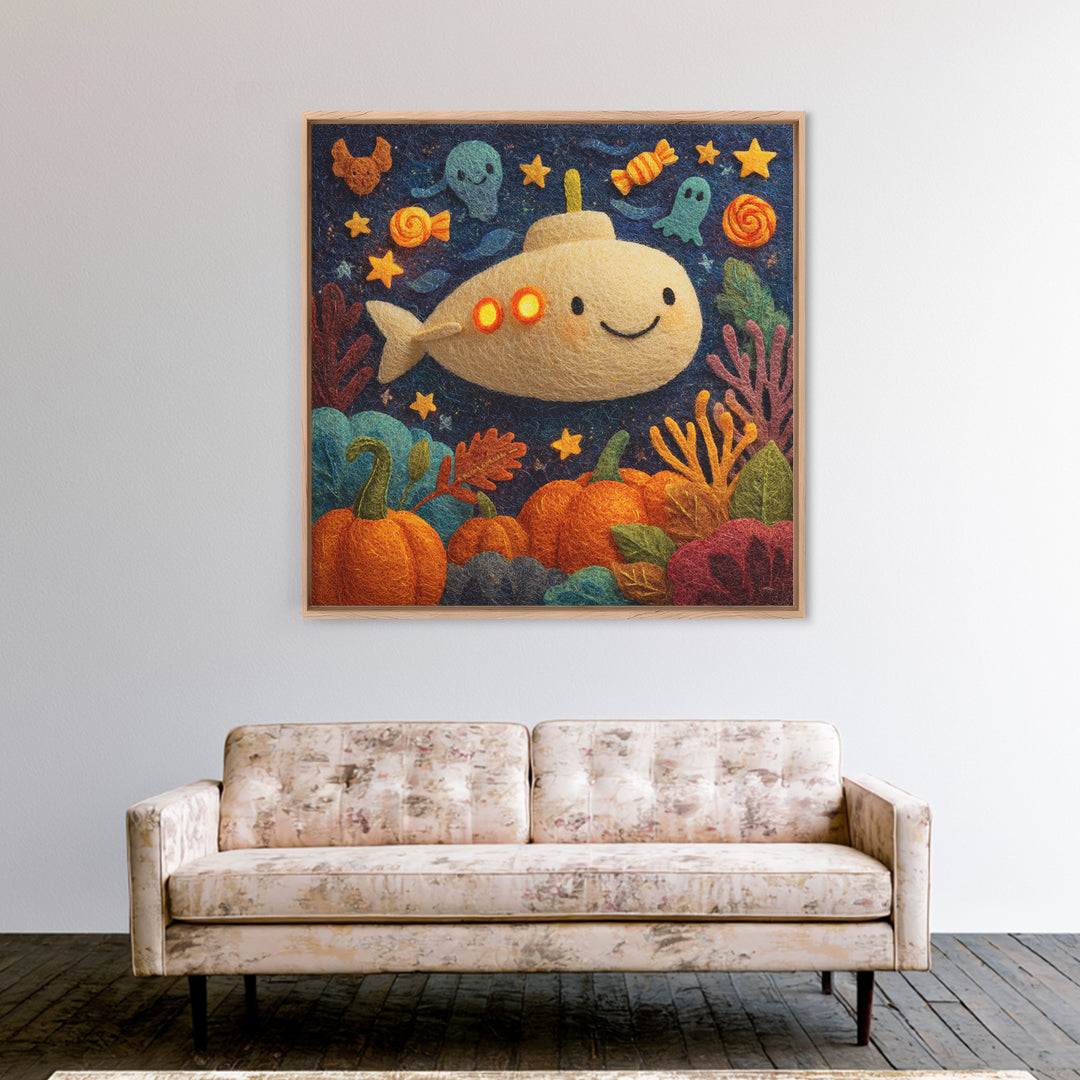 The Pumpkin Submarine, Felt Halloween Art, Square Wall Art, Canvas Print, Cute Halloween Wall Art, Halloween Kids Decor