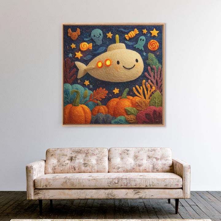 The Pumpkin Submarine, Felt Halloween Art, Square Wall Art, Canvas Print, Cute Halloween Wall Art, Halloween Kids Decor
