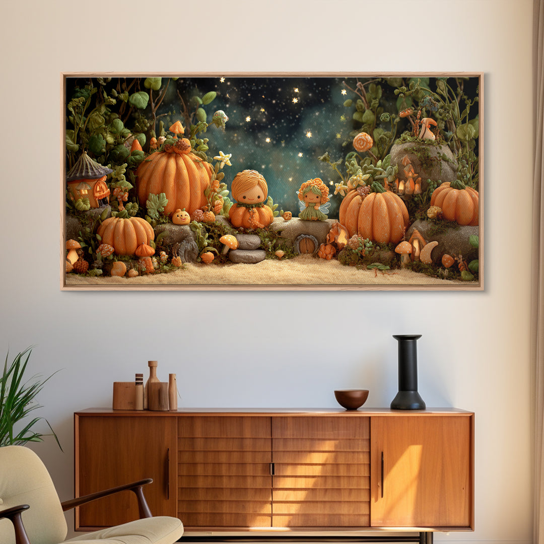 The Pumpkin Fairy Garden, Clay Halloween Art, Wide Panoramic Art, Framed Canvas Print, Cute Halloween Wall Art