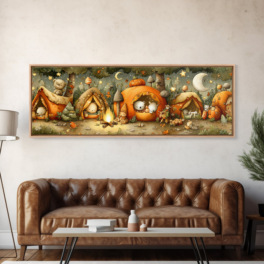 The Pumpkin Campout, Plush Halloween Art, Extra Wide Wall Art, Canvas Print, Cute Halloween Wall Art