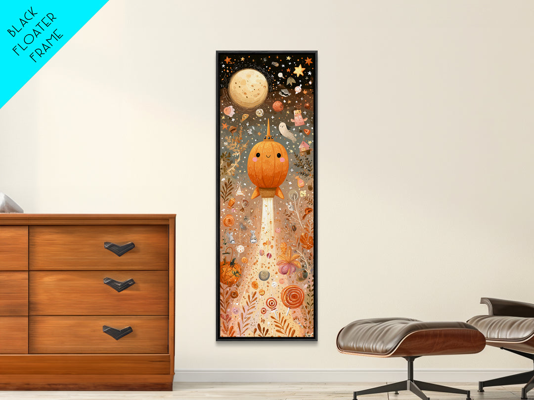 The Pumpkin Rocket Ship, Kawaii Halloween Art, Tall Narrow Wall Art, Framed Canvas Print, Cute Halloween Wall Art