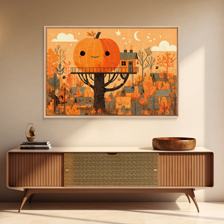 The Pumpkin Treehouse, Screenprint Halloween Art, Landscape Wall Art, Framed Canvas Print, Cute Halloween Wall Art