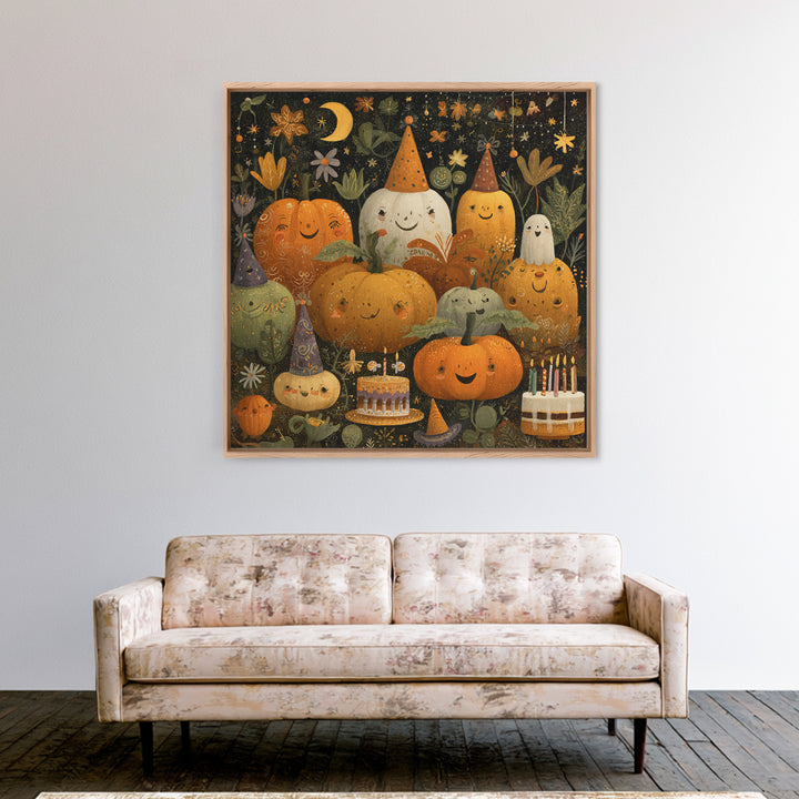 The Great Pumpkin Birthday Party, Folk Halloween Art, Square Wall Art, Canvas Print, Cute Halloween Wall Art