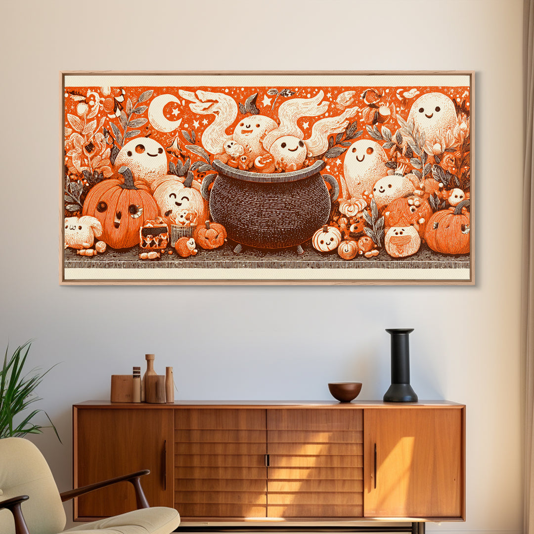 The Cookie Cauldron, Linocut Halloween Art, Wide Panoramic Art, Framed Canvas Print, Cute Halloween Wall Art