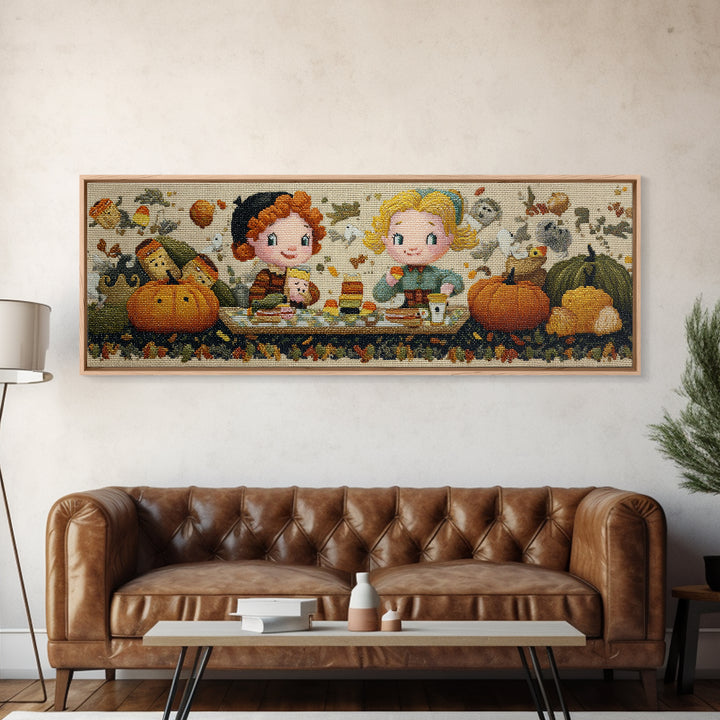 The Candy Corn Picnic, Embroidered Halloween Art, Extra Wide Wall Art, Canvas Print, Cute Halloween Wall Art