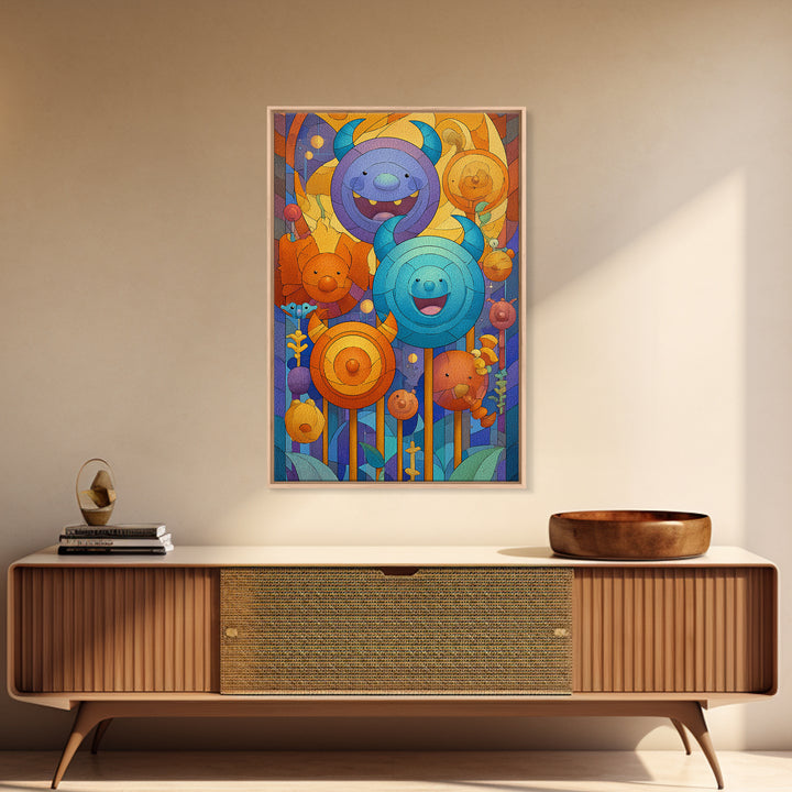 The Friendly Lollipop Monsters, Stained Glass Halloween, Vertical Wall Art, Canvas Print, Cute Halloween Wall Art