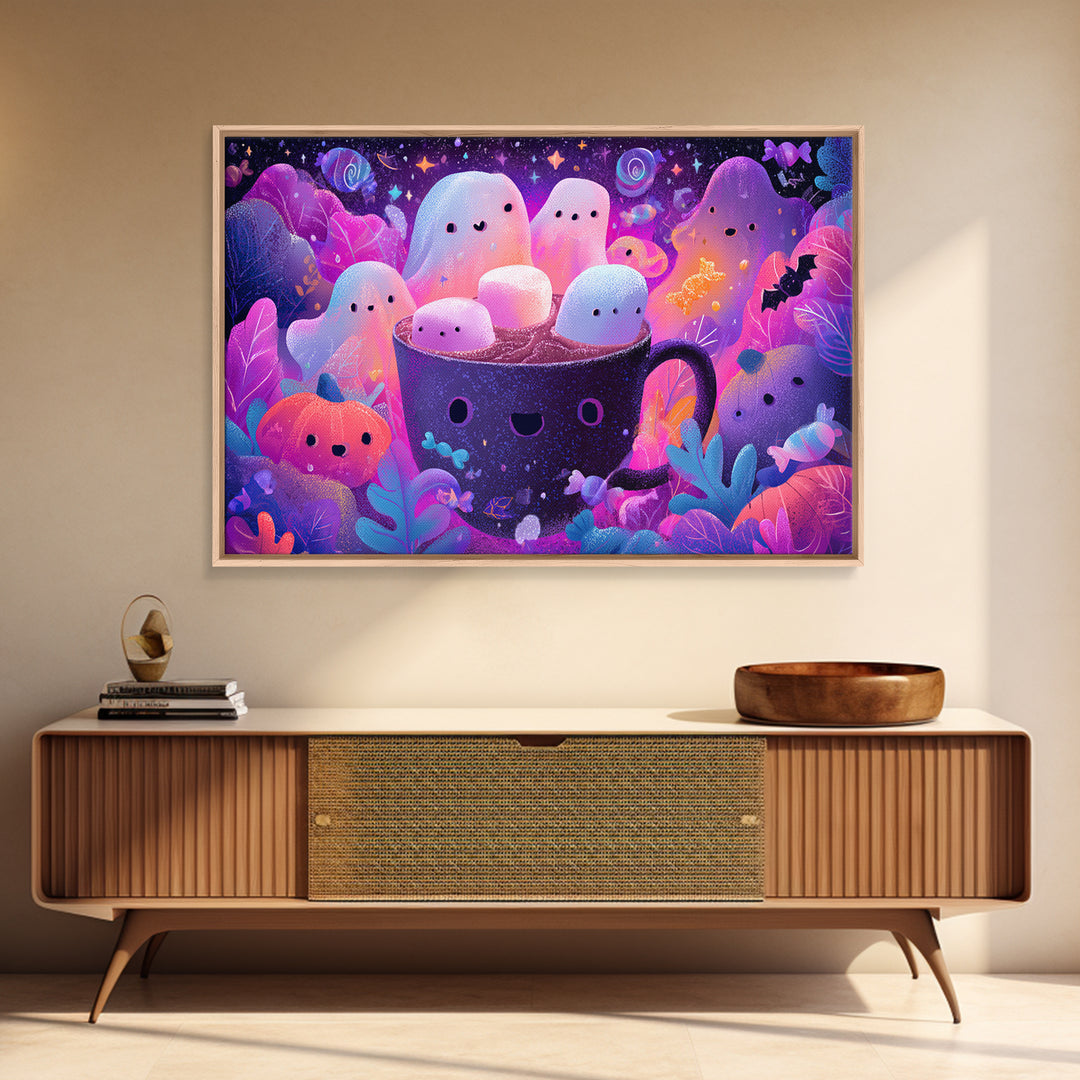 The Marshmallow Ghost Choir, Vaporwave Halloween Art, Landscape Wall Art, Framed Canvas Print, Cute Halloween Wall Art