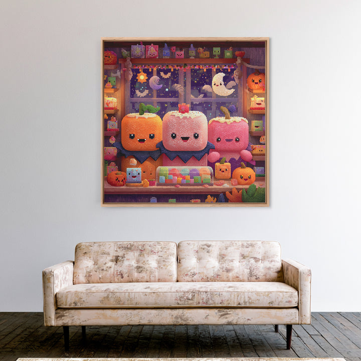 The Donut Vampire Family, Pixel Halloween Art, Square Wall Art, Canvas Print, Cute Halloween Wall Art