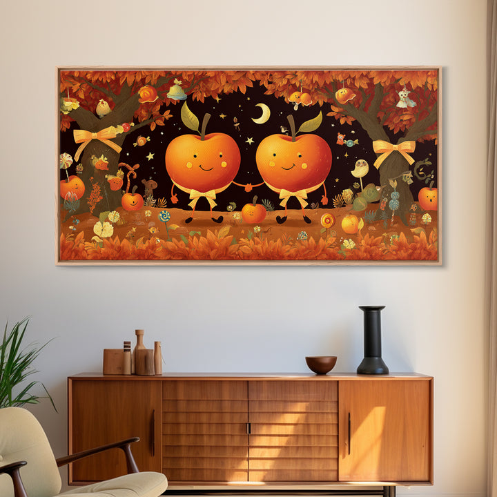 The Caramel Apple Friends, Vector Halloween Art, Wide Panoramic Art, Framed Canvas Print, Cute Halloween Wall Art