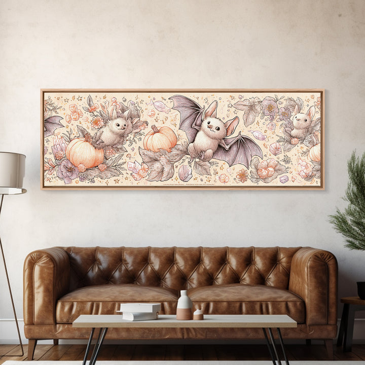 The Gummy Bat Garden, Hand Sketch Halloween Art, Extra Wide Wall Art, Canvas Print, Cute Halloween Wall Art