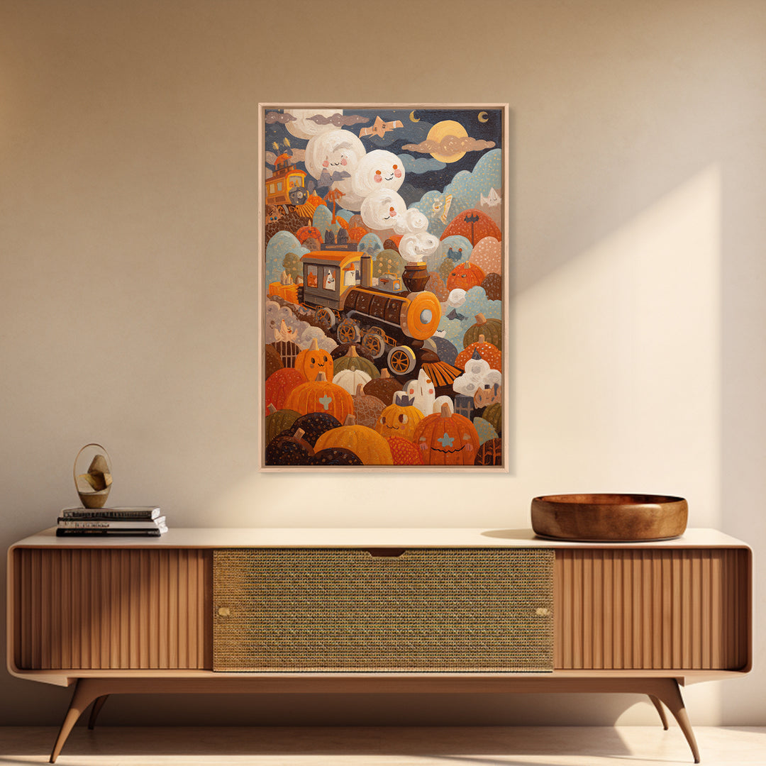 The Chocolate Pumpkin Train, Gouache Halloween Art, Vertical Wall Art, Canvas Print, Cute Halloween Wall Art