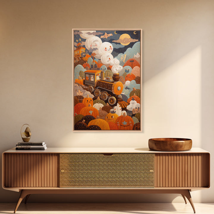 The Chocolate Pumpkin Train, Gouache Halloween Art, Vertical Wall Art, Canvas Print, Cute Halloween Wall Art