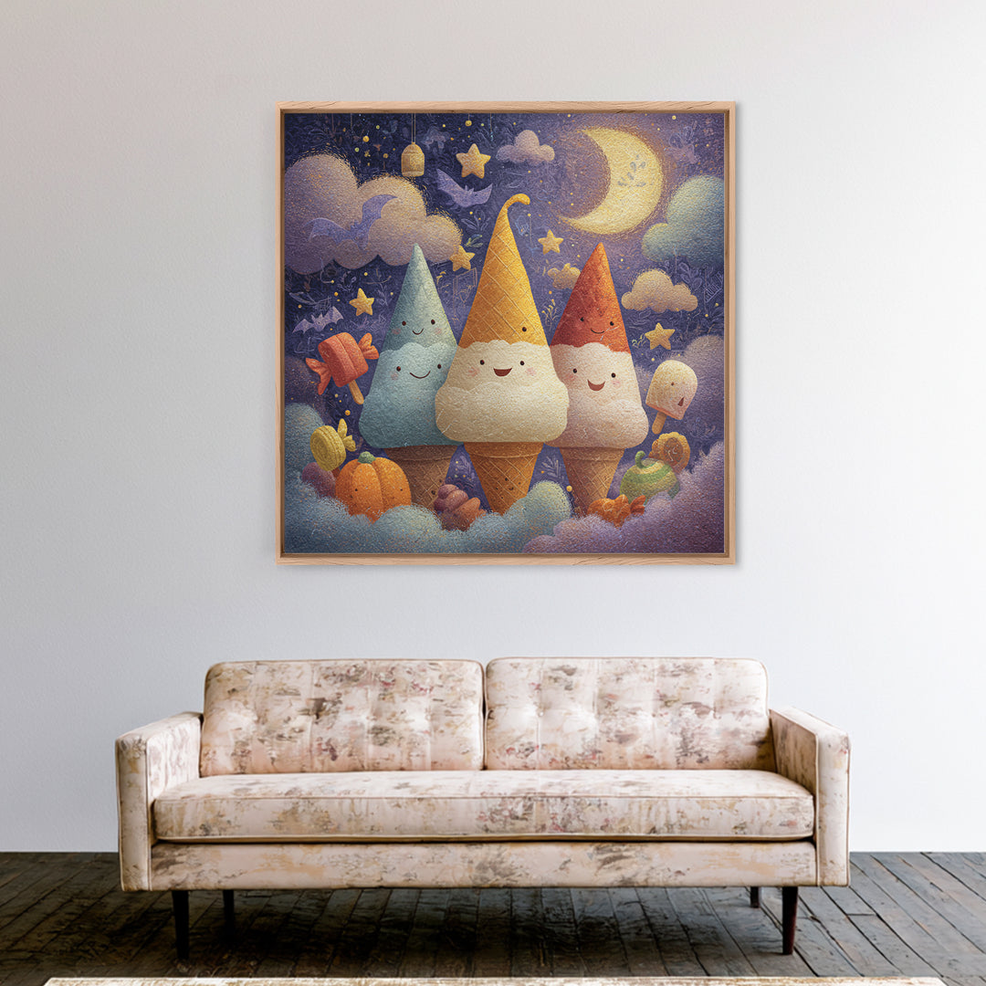 The Ice-Cream Ghost Parade, Pastel Halloween Art, Square Wall Art, Canvas Print, Cute Halloween Wall Art
