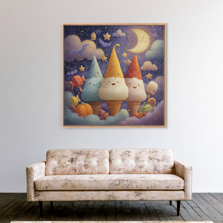 The Ice-Cream Ghost Parade, Pastel Halloween Art, Square Wall Art, Canvas Print, Cute Halloween Wall Art